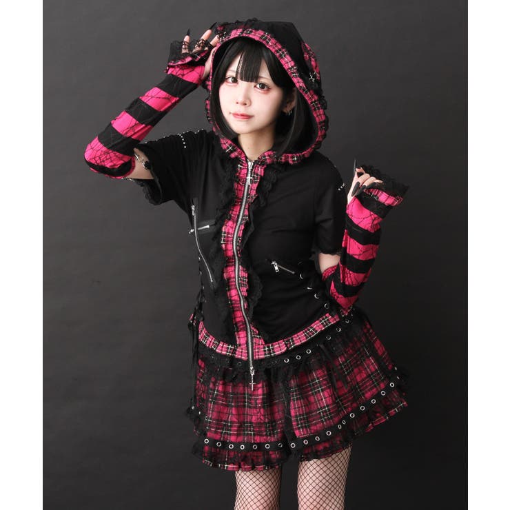 猫耳チェックフリルクモレースパンクショートトップス 量産型 地雷系 夢展望 | DearMyLove | 詳細画像9 