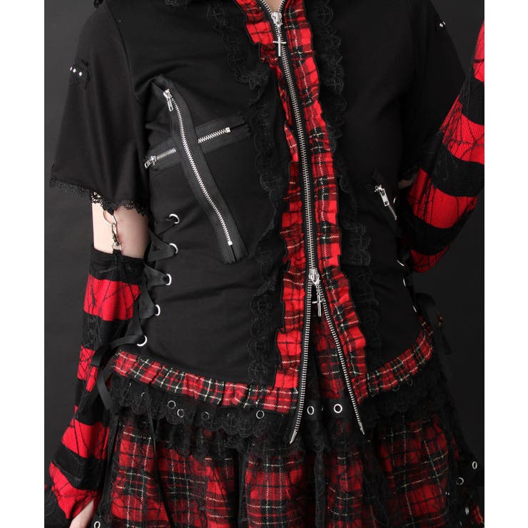 猫耳チェックフリルクモレースパンクショートトップス 量産型 地雷系 夢展望 | DearMyLove | 詳細画像15 