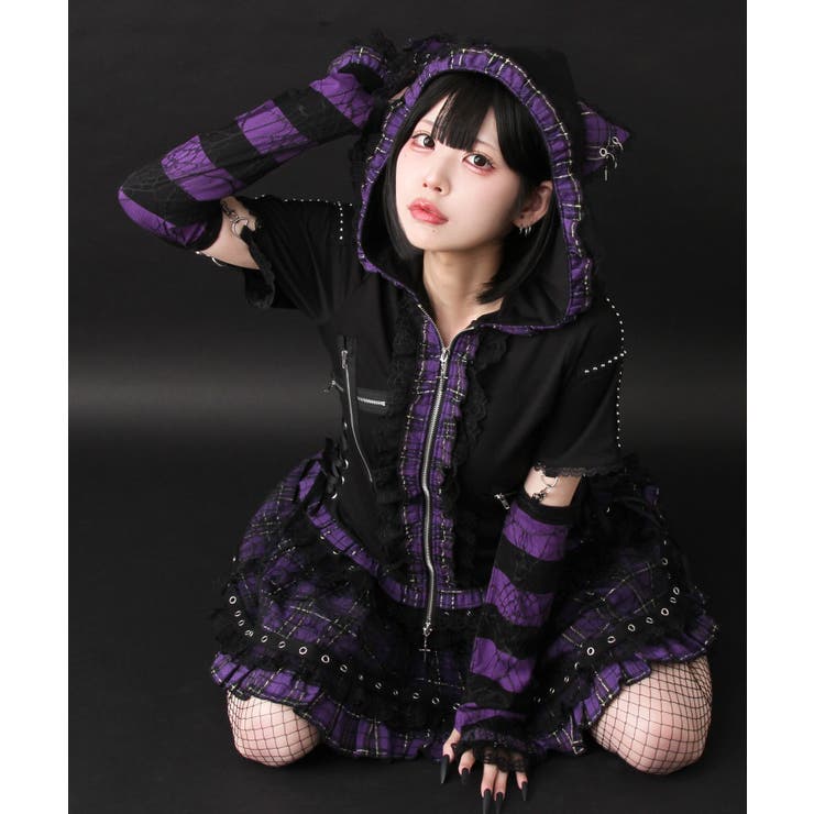 猫耳チェックフリルクモレースパンクショートトップス 量産型 地雷系 夢展望 | DearMyLove | 詳細画像23 