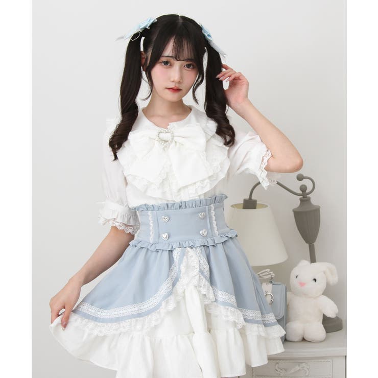地雷系 ブラウス DearMyLove NOEMIE サックス ブルー 丸襟フリルヨークレースリボンブラウス 量産型 地雷系 夢展望