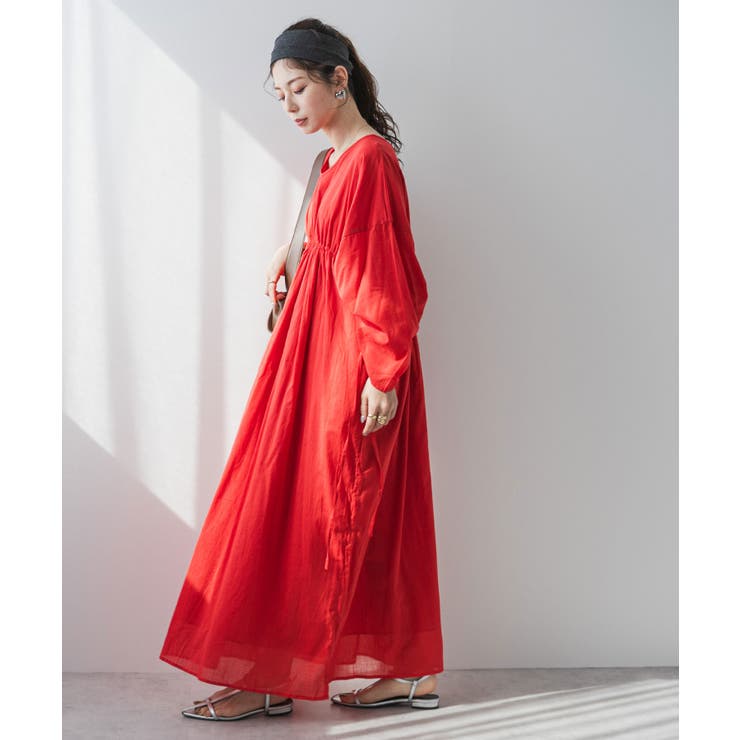 [ミッソ]ボリューム袖 シャーリング ロング ワンピース bohmal ワンピース 前後2wayドロストシャーリングロング