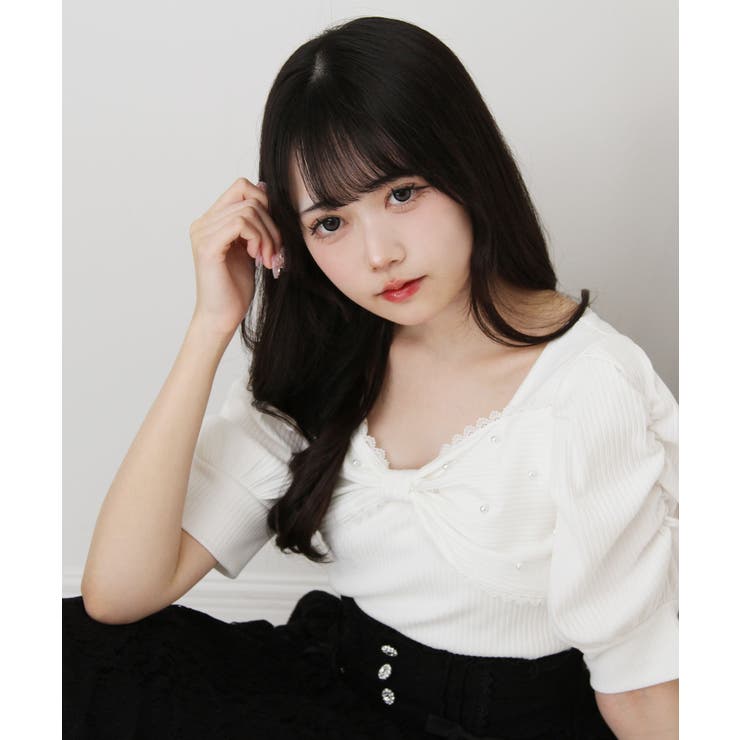 パールリボン リブ トップス 半袖 量産型 地雷系 夢展望 | DearMyLove | 詳細画像6 