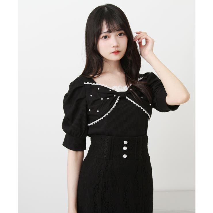 miumiu パールリボン　トップス パールネックレスリボンパフ袖トップス – レディース