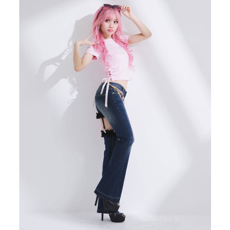 セクシーガーター風ギャルストレッチフレアデニムパンツ 韓国 夢展望 | 夢展望 | 詳細画像14 