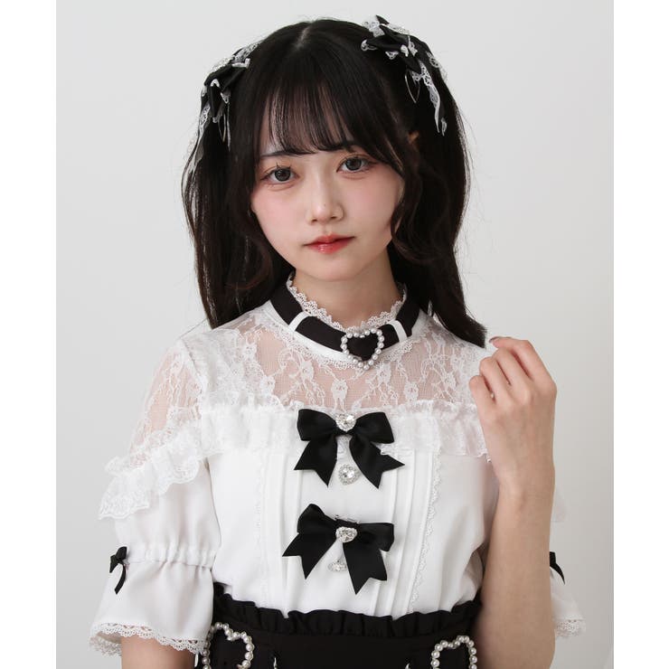 ハートビジューリボンオフショル風レースブラウス 量産型 地雷系 夢展望 | DearMyLove | 詳細画像11 