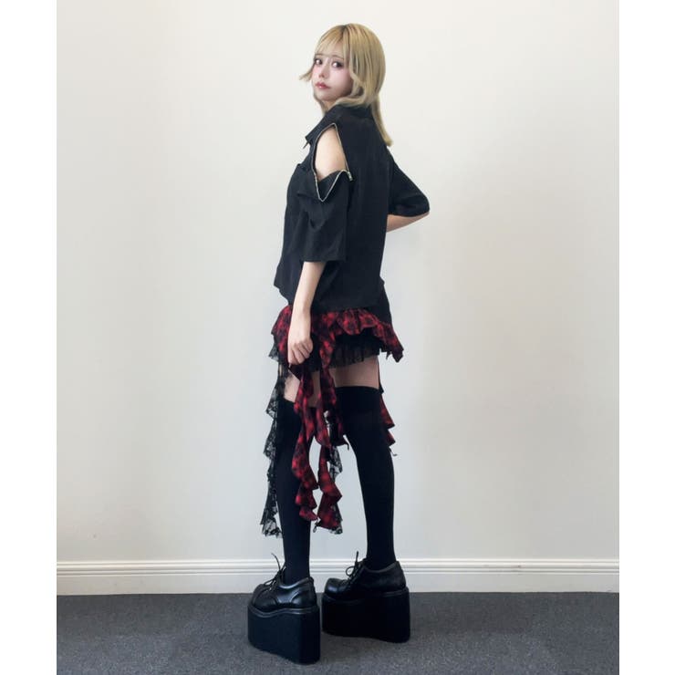 インパクト柄配色肩ジップ開き半袖シャツトップス 韓国 夢展望 | 夢展望 | 詳細画像2 