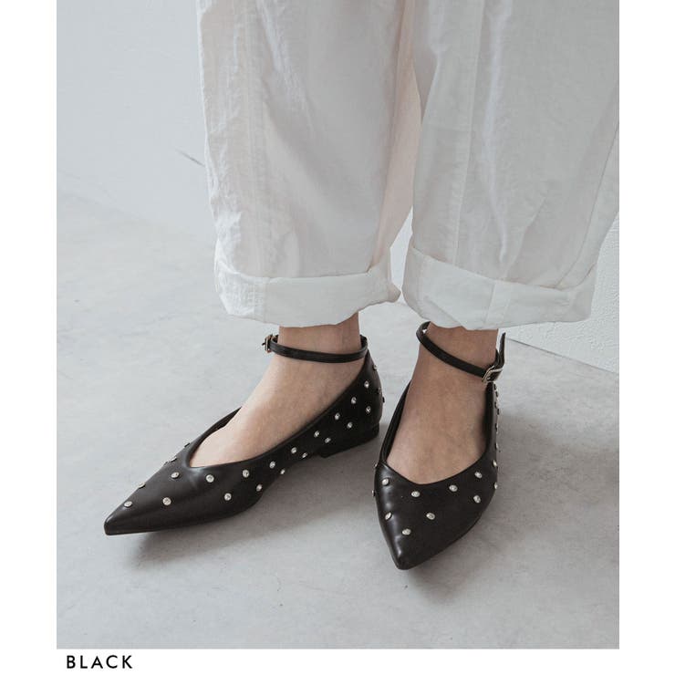 ブラック | スタッズポインテッドストラップパンプス 韓国 夢展望 | 夢展望