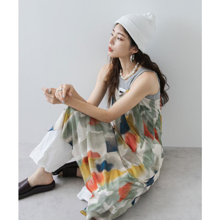 水彩アート総柄シアーキャミワンピース 韓国 夢展望[品番：YU000047391