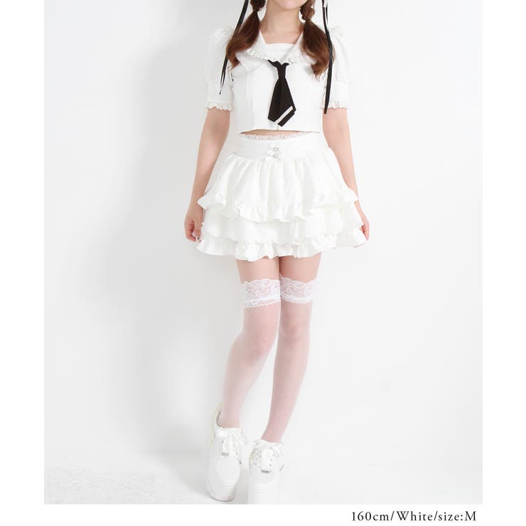 フリルセーラーカラークロップド丈半袖トップス【大きいサイズ有】 韓国 夢展望 | 夢展望 | 詳細画像4 