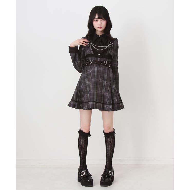 ジャケット風チェーンネクタイベルトプリーツワンピース 量産型 地雷系
