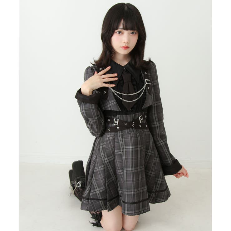 ジャケット風チェーンネクタイベルトプリーツワンピース 量産型 地雷系