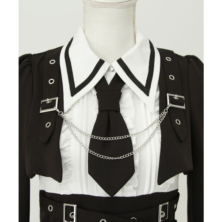 ジャケット風チェーンネクタイベルトプリーツワンピース 量産型 地雷系