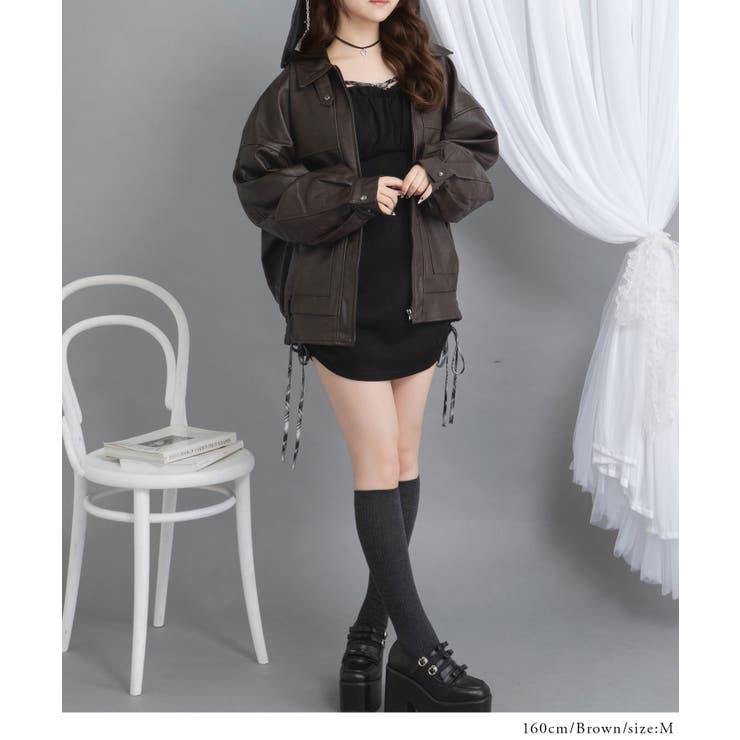 裾ドロストオーバーサイズ合皮ブルゾン【ジャケット】【コート】 韓国 夢展望 | 夢展望 | 詳細画像2 