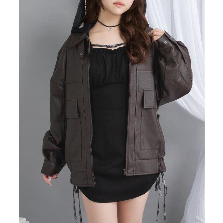 裾ドロストオーバーサイズ合皮ブルゾン【ジャケット】【コート】 韓国 夢展望 | 夢展望 | 詳細画像3 