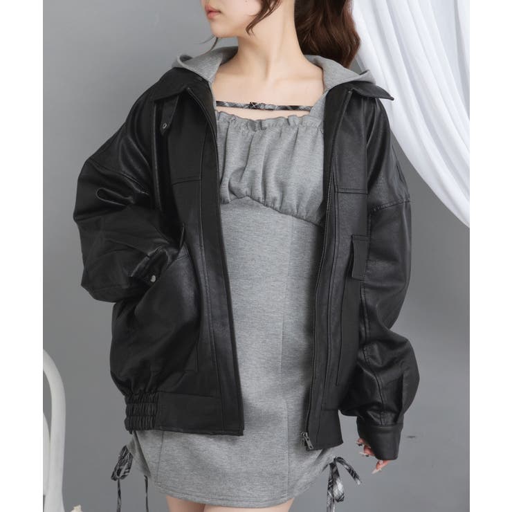 裾ドロストオーバーサイズ合皮ブルゾン【ジャケット】【コート】 韓国 夢展望 | 夢展望 | 詳細画像9 