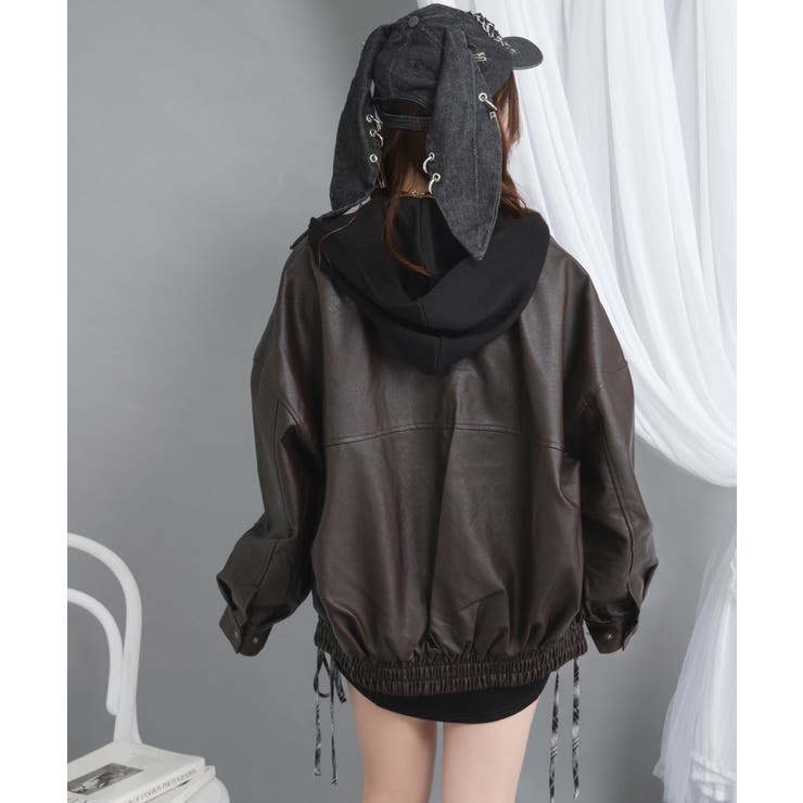 裾ドロストオーバーサイズ合皮ブルゾン【ジャケット】【コート】 韓国 夢展望 | 夢展望 | 詳細画像5 