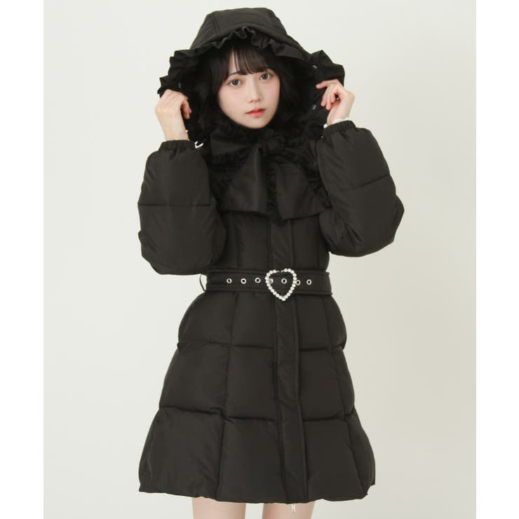 フランシュリッペ　ロングダウンコート　 Aライン リボンビジュー 黒 ビッグボウタイリボンAラインフェイクダウンコート【中綿】 量産型