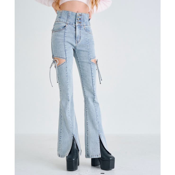 スリット入りカットアウトリボンフレアデニムパンツ 量産型 地雷系 夢展望 | DearMyLove | 詳細画像4 