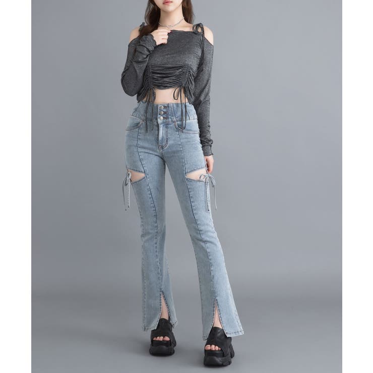 スリット入りカットアウトリボンフレアデニムパンツ 量産型 地雷系 夢展望 | DearMyLove | 詳細画像6 