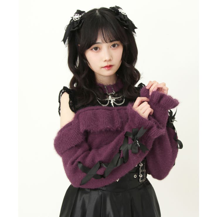 十字架チョーカー風チェーンレースフリルオフショルダーニットトップス 量産型 地雷… | DearMyLove | 詳細画像14 