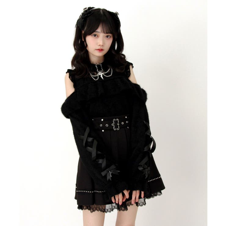 十字架チョーカー風チェーンレースフリルオフショルダーニットトップス 量産型 地雷系 | DearMyLove | 詳細画像7 