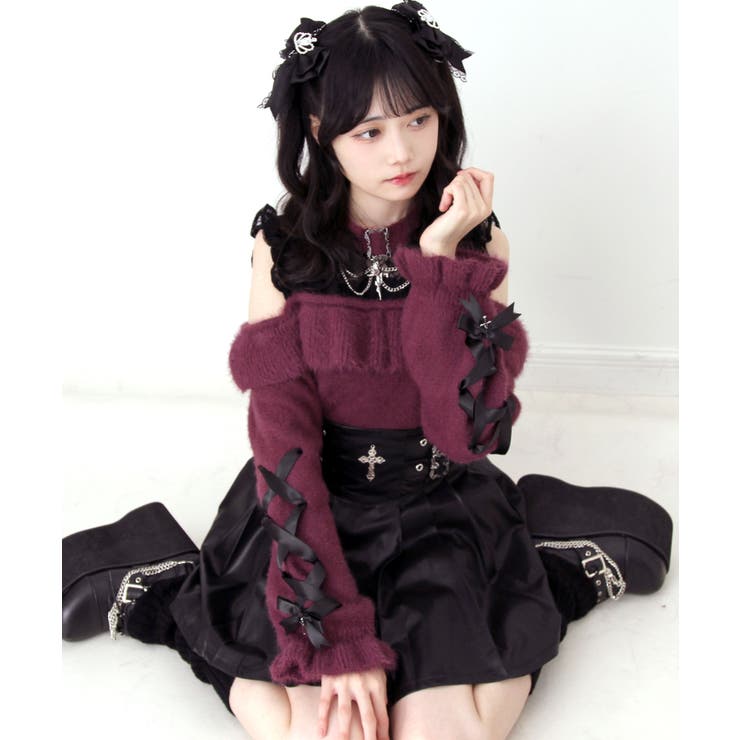 十字架チョーカー風チェーンレースフリルオフショルダーニットトップス 量産型 地雷系 | DearMyLove | 詳細画像9 