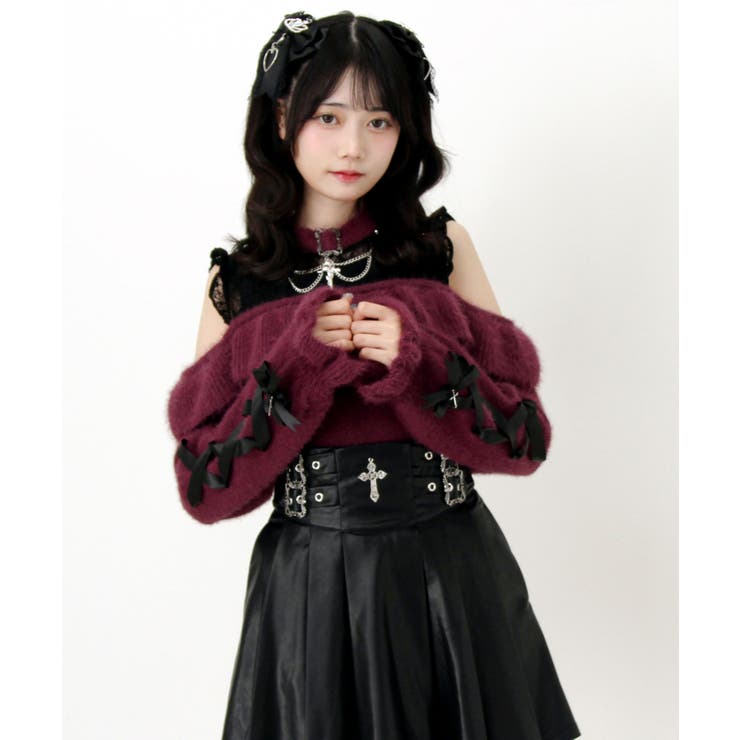 十字架チョーカー風チェーンレースフリルオフショルダーニットトップス 量産型 地雷系 | DearMyLove | 詳細画像11 