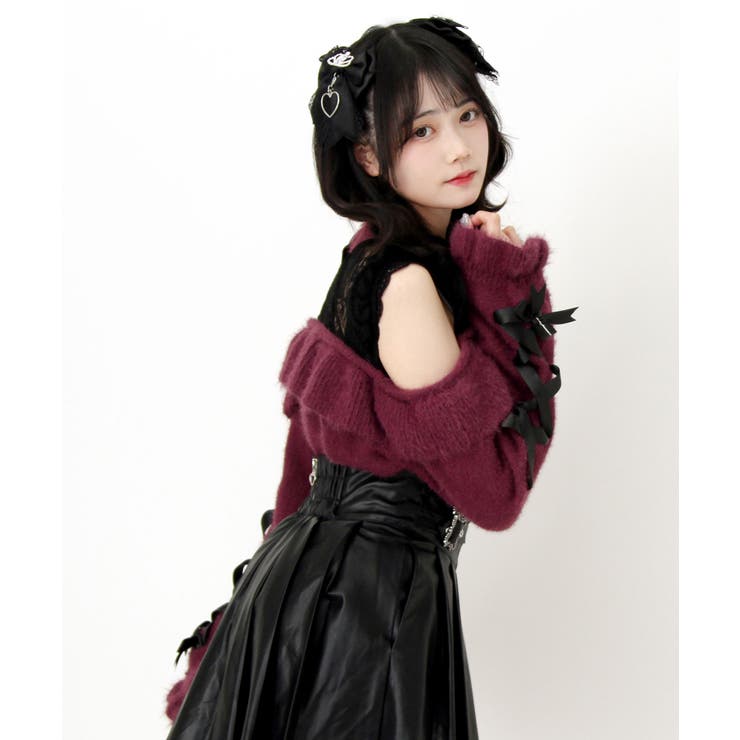 十字架チョーカー風チェーンレースフリルオフショルダーニットトップス 量産型 地雷系 | DearMyLove | 詳細画像13 