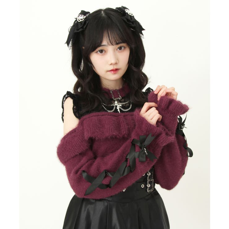 十字架チョーカー風チェーンレースフリルオフショルダーニットトップス 量産型 地雷系 | DearMyLove | 詳細画像14 