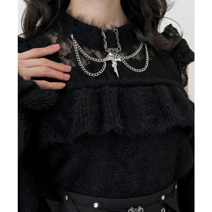 十字架チョーカー風チェーンレースフリルオフショルダーニットトップス 量産型 地雷系 | DearMyLove | 詳細画像25 