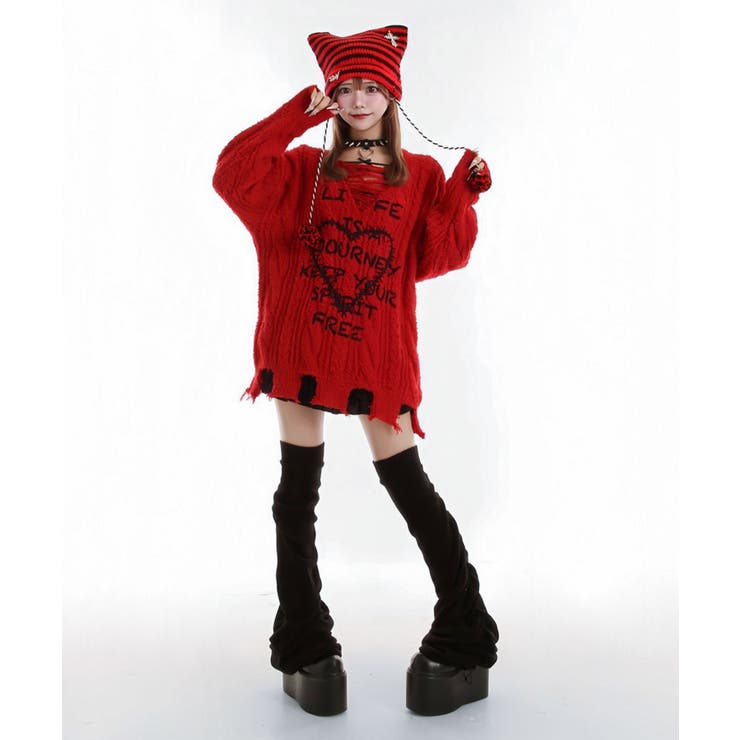 サブカル地雷系ダメージ風ゆるだぼ英字ロゴ長袖ニットトップス 韓国 夢展望 | 夢展望 | 詳細画像4 