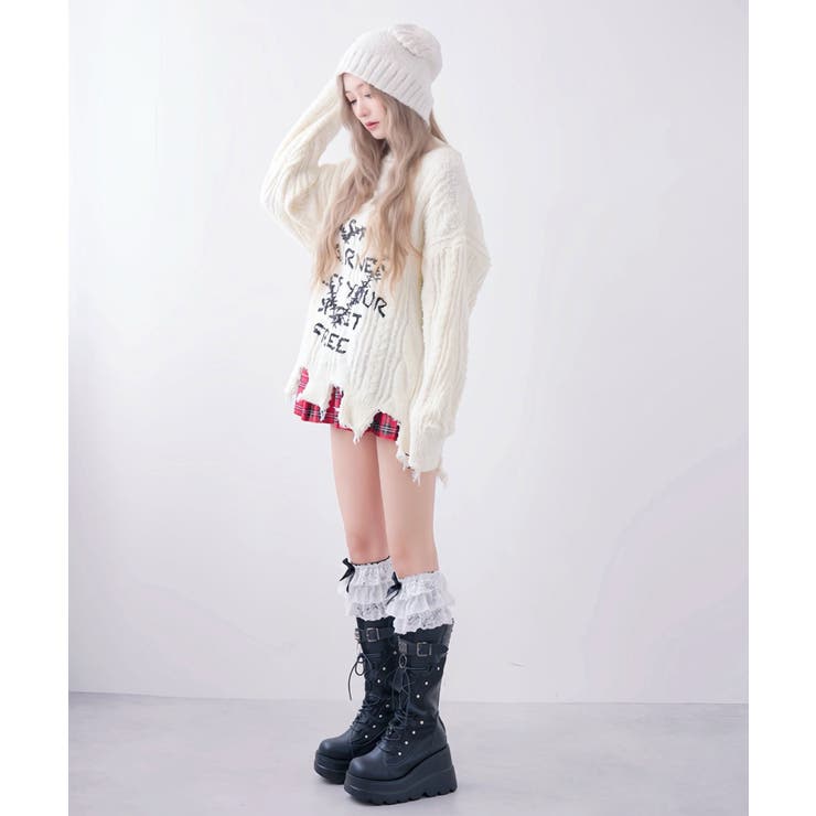 サブカル地雷系ダメージ風ゆるだぼ英字ロゴ長袖ニットトップス 韓国 夢展望 | 夢展望 | 詳細画像8 