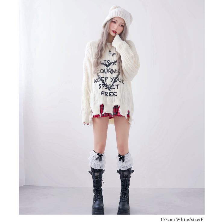 サブカル地雷系ダメージ風ゆるだぼ英字ロゴ長袖ニットトップス 韓国 夢展望 | 夢展望 | 詳細画像10 