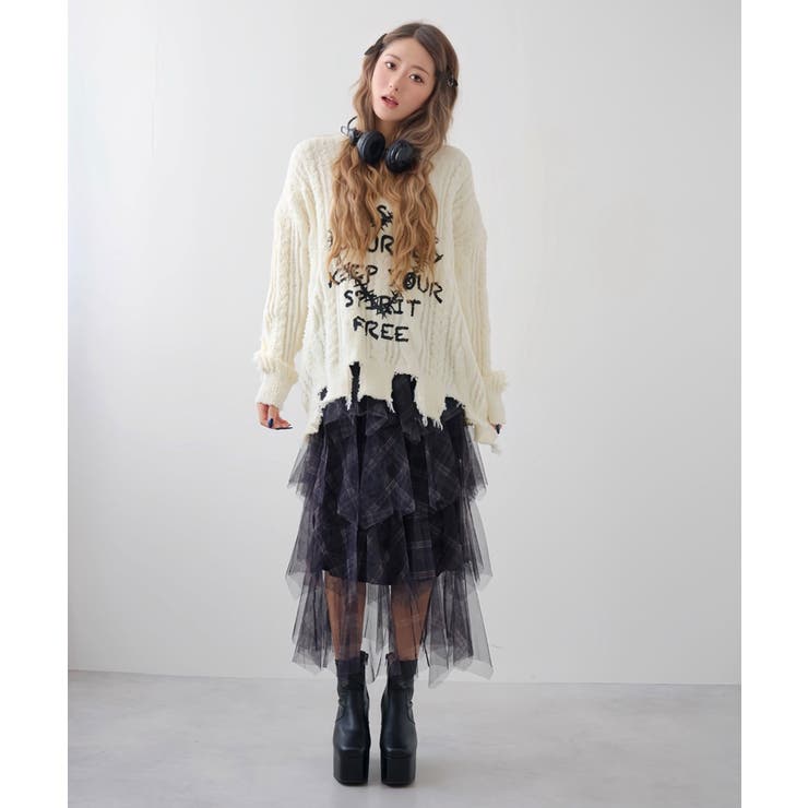 サブカル地雷系ダメージ風ゆるだぼ英字ロゴ長袖ニットトップス 韓国 夢展望 | 夢展望 | 詳細画像12 