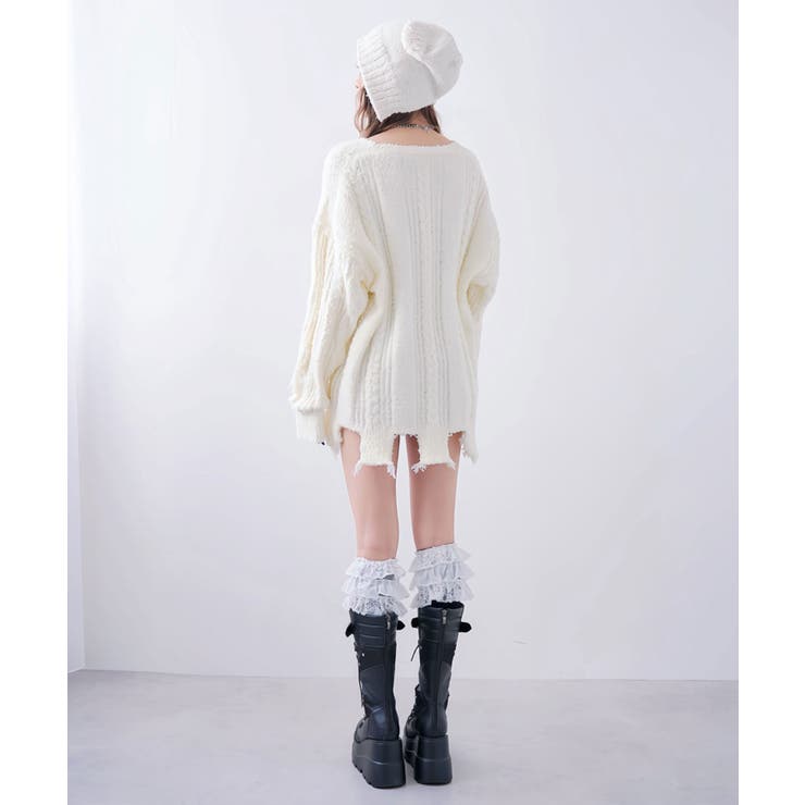 サブカル地雷系ダメージ風ゆるだぼ英字ロゴ長袖ニットトップス 韓国 夢展望 | 夢展望 | 詳細画像6 