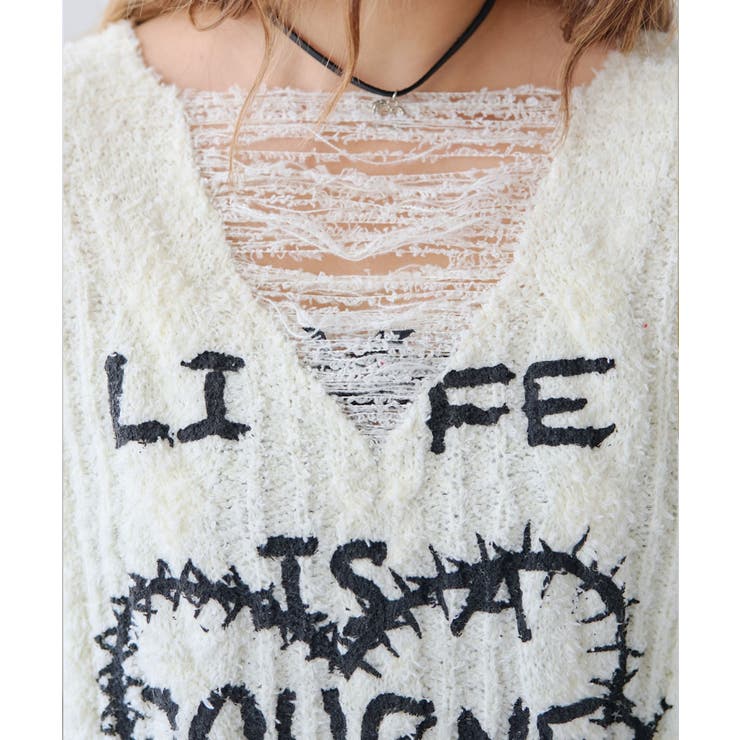 サブカル地雷系ダメージ風ゆるだぼ英字ロゴ長袖ニットトップス 韓国 夢展望 | 夢展望 | 詳細画像19 
