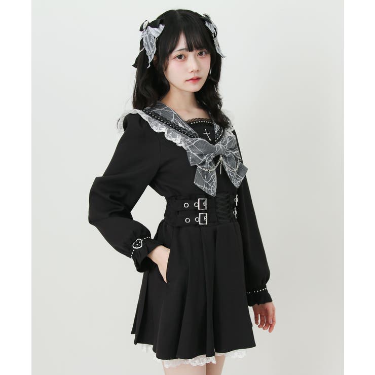 十字架クモレーススタッズベルトセーラーワンピース 量産型 地雷系 夢展望 | DearMyLove | 詳細画像12 