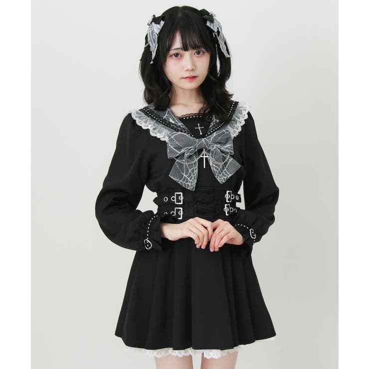 十字架クモレーススタッズベルトセーラーワンピース 量産型 地雷系 夢展望 | DearMyLove | 詳細画像13 