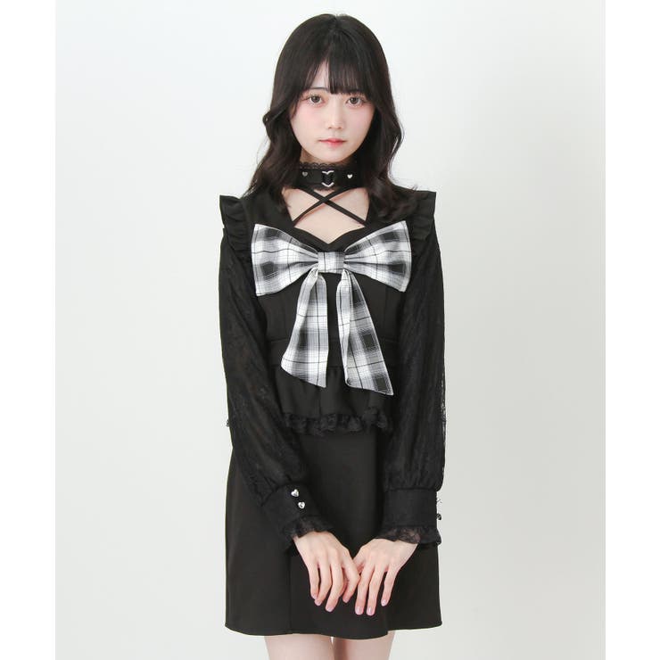 ビッグリボンハートスタッズチョーカー風レース袖フリルワンピース 量産型 地雷系 | DearMyLove | 詳細画像2 