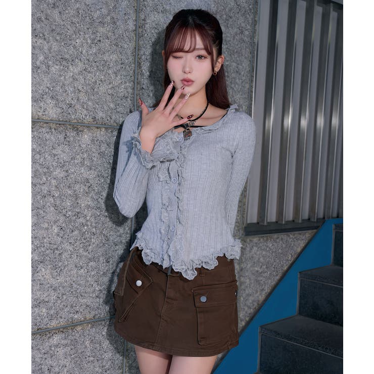 レースフリルフレア袖リブ長袖薄手ニットトップス 韓国 夢展望 | 夢展望 | 詳細画像4 