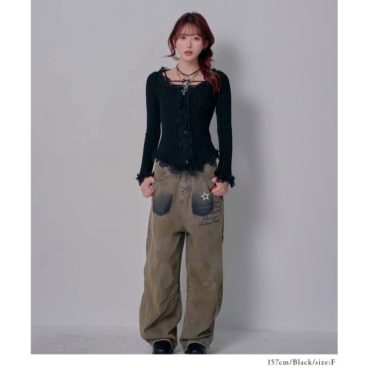 レースフリルフレア袖リブ長袖薄手ニットトップス 韓国 夢展望 | 夢展望 | 詳細画像6 