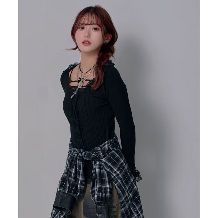 レースフリルフレア袖リブ長袖薄手ニットトップス 韓国 夢展望 | 夢展望 | 詳細画像8 