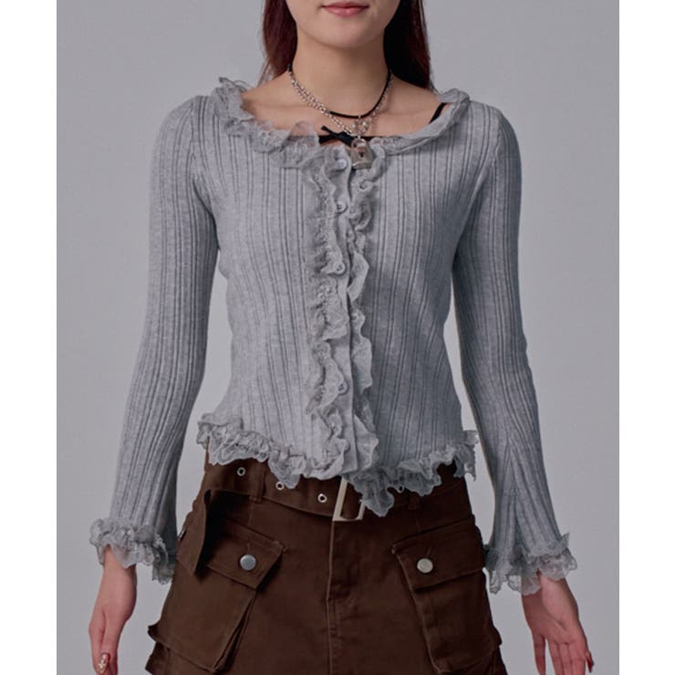 レースフリルフレア袖リブ長袖薄手ニットトップス 韓国 夢展望 | 夢展望 | 詳細画像13 