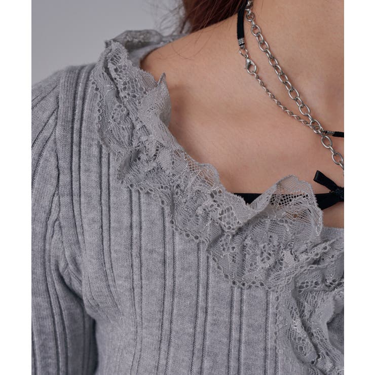 レースフリルフレア袖リブ長袖薄手ニットトップス 韓国 夢展望 | 夢展望 | 詳細画像17 