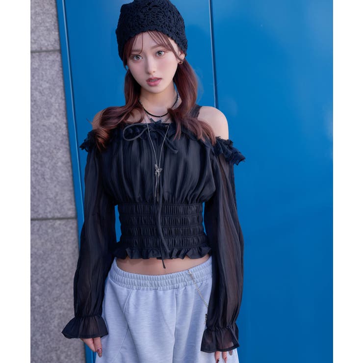 オフショルレースシアーブラウス シャーリングトップス 韓国 | 夢展望 | 詳細画像7 