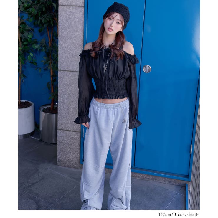 オフショルレースシアーブラウス シャーリングトップス 韓国 | 夢展望 | 詳細画像8 