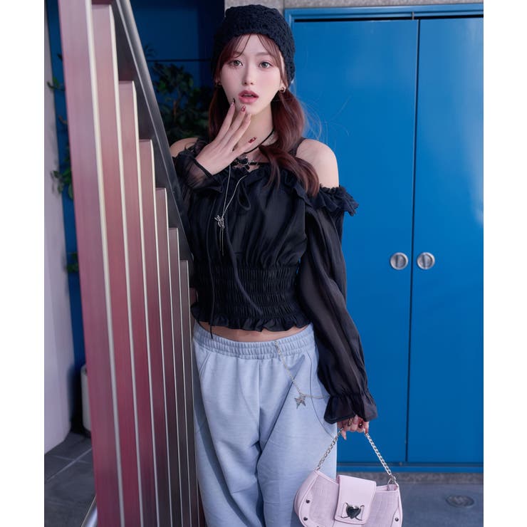 オフショルレースシアーブラウス シャーリングトップス 韓国 | 夢展望 | 詳細画像9 