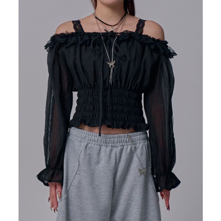 オフショルレースシアーブラウス シャーリングトップス 韓国 | 夢展望 | 詳細画像12 