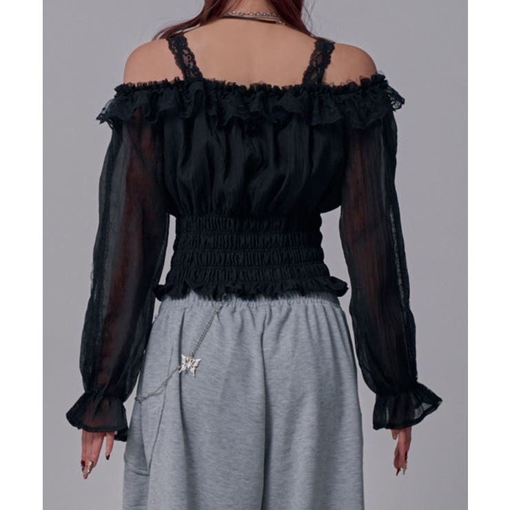 オフショルレースシアーブラウス シャーリングトップス 韓国 | 夢展望 | 詳細画像13 