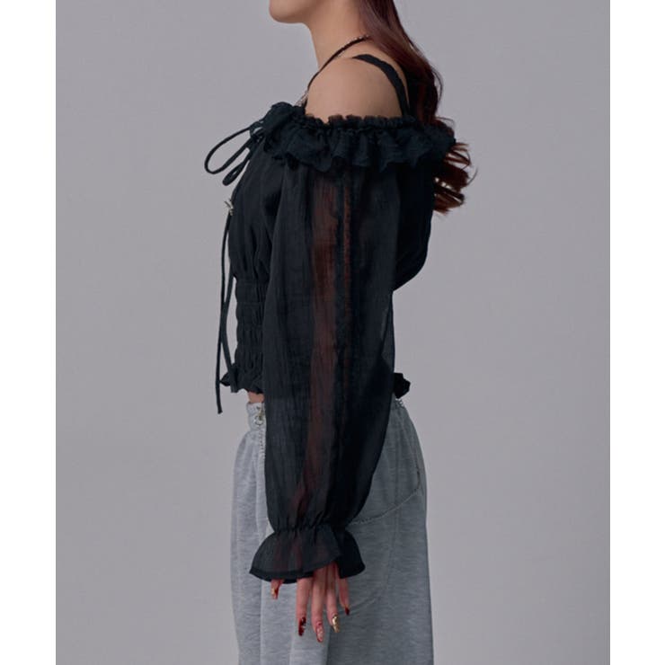 オフショルレースシアーブラウス シャーリングトップス 韓国 | 夢展望 | 詳細画像14 